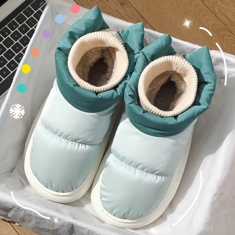 羽绒布棉拖鞋女冬家居厚底包跟保暖加绒防水防滑毛毛高帮棉鞋外穿