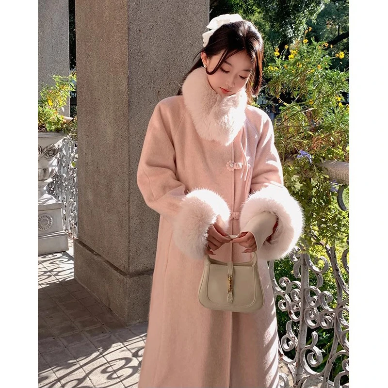 【23133】国风盘扣毛毛领中长款毛呢外套女