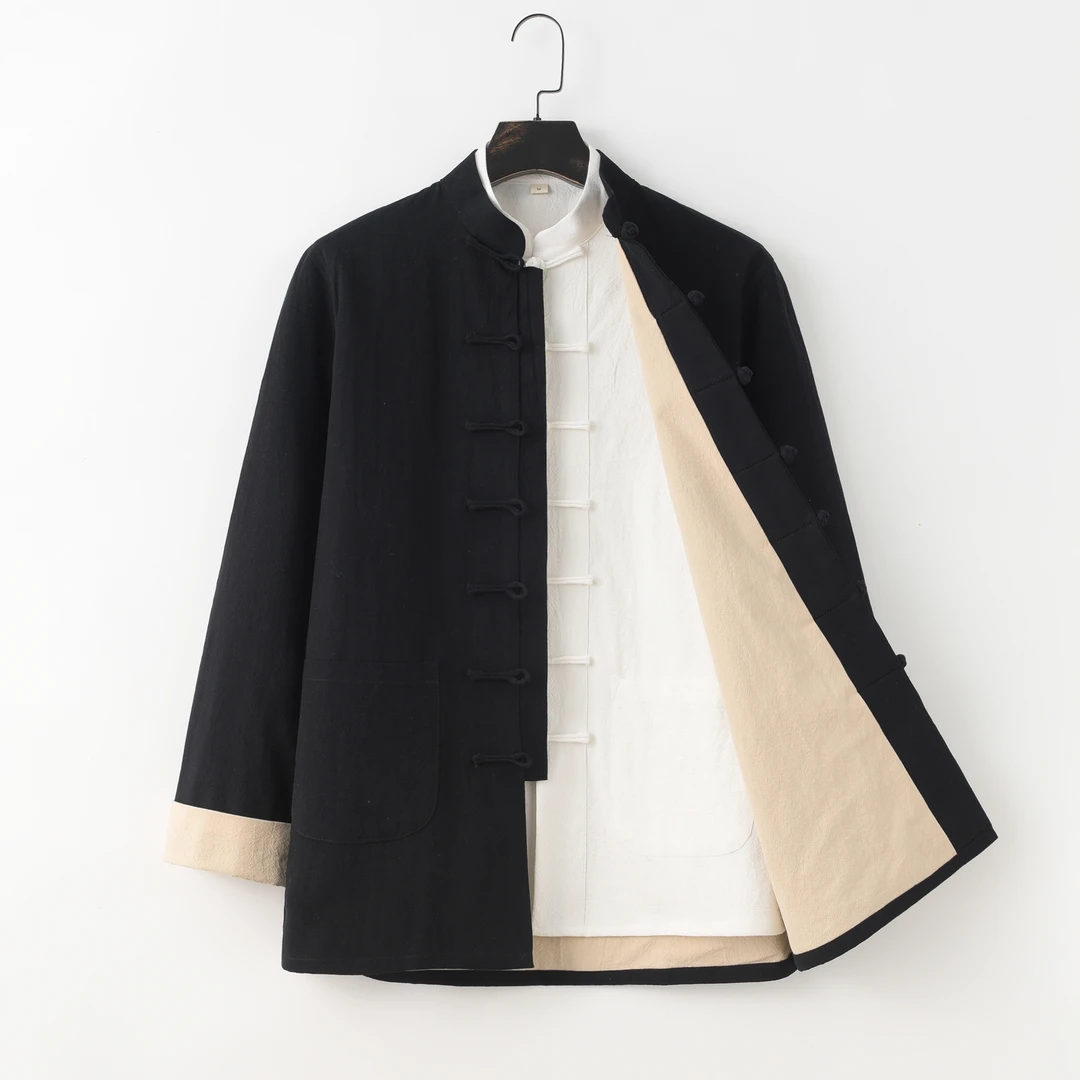 棉麻唐装男款双层中式古风盘扣中国风男士立领春秋国风挽袖新外套