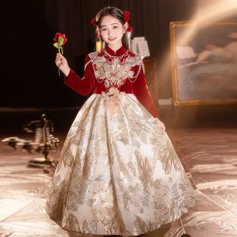红色晚礼服女童高端秋冬拜年生日公主裙花童婚礼主持人钢琴演出服