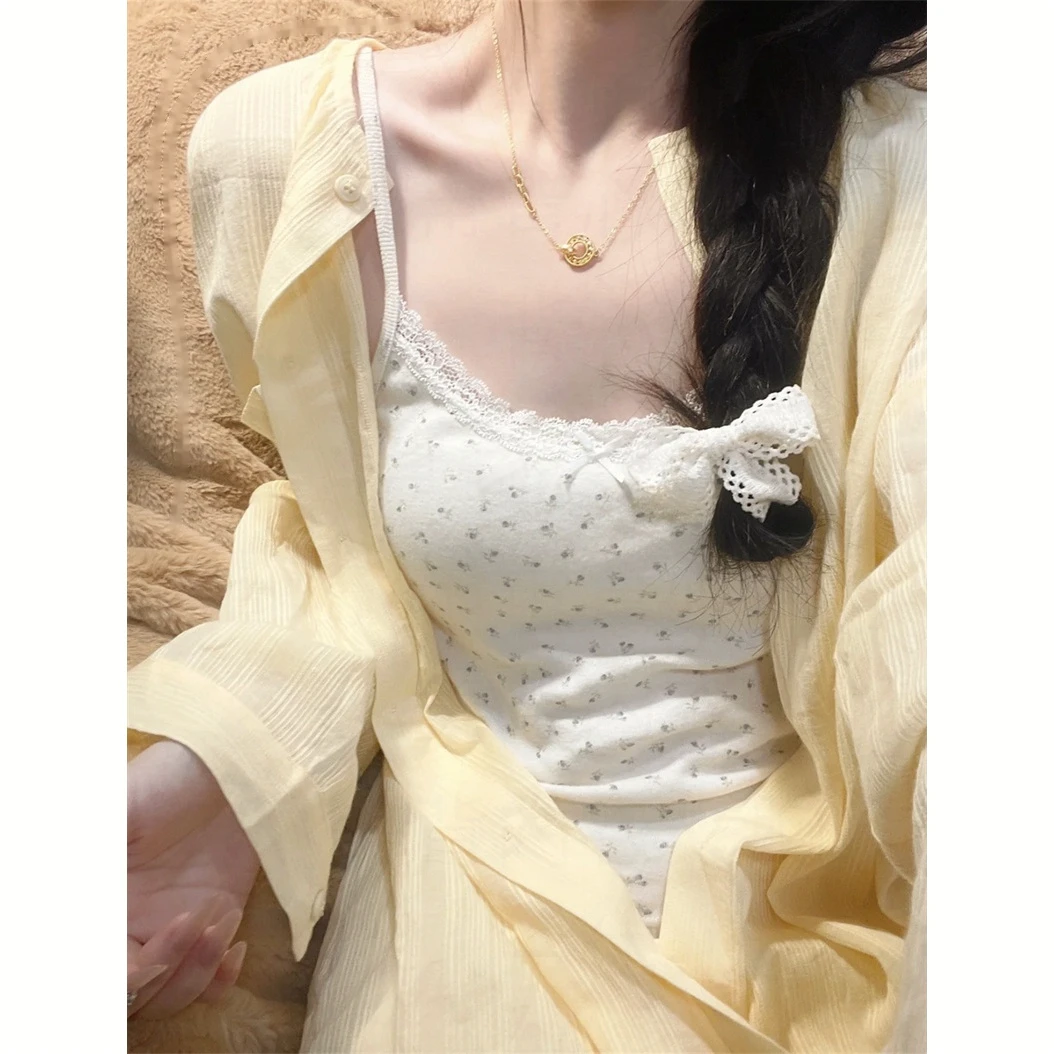 bm少女甜美纯欲碎花蝴蝶结蕾丝吊带背心女夏季带胸垫短款内搭上衣