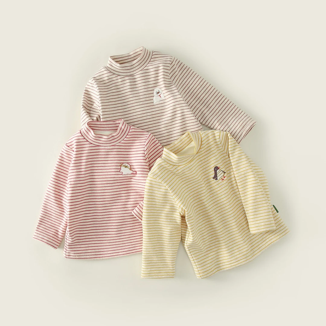 啊咪啦秋冬宝宝长袖高领加厚打底衫上衣卡通条纹三色T恤5DTX210