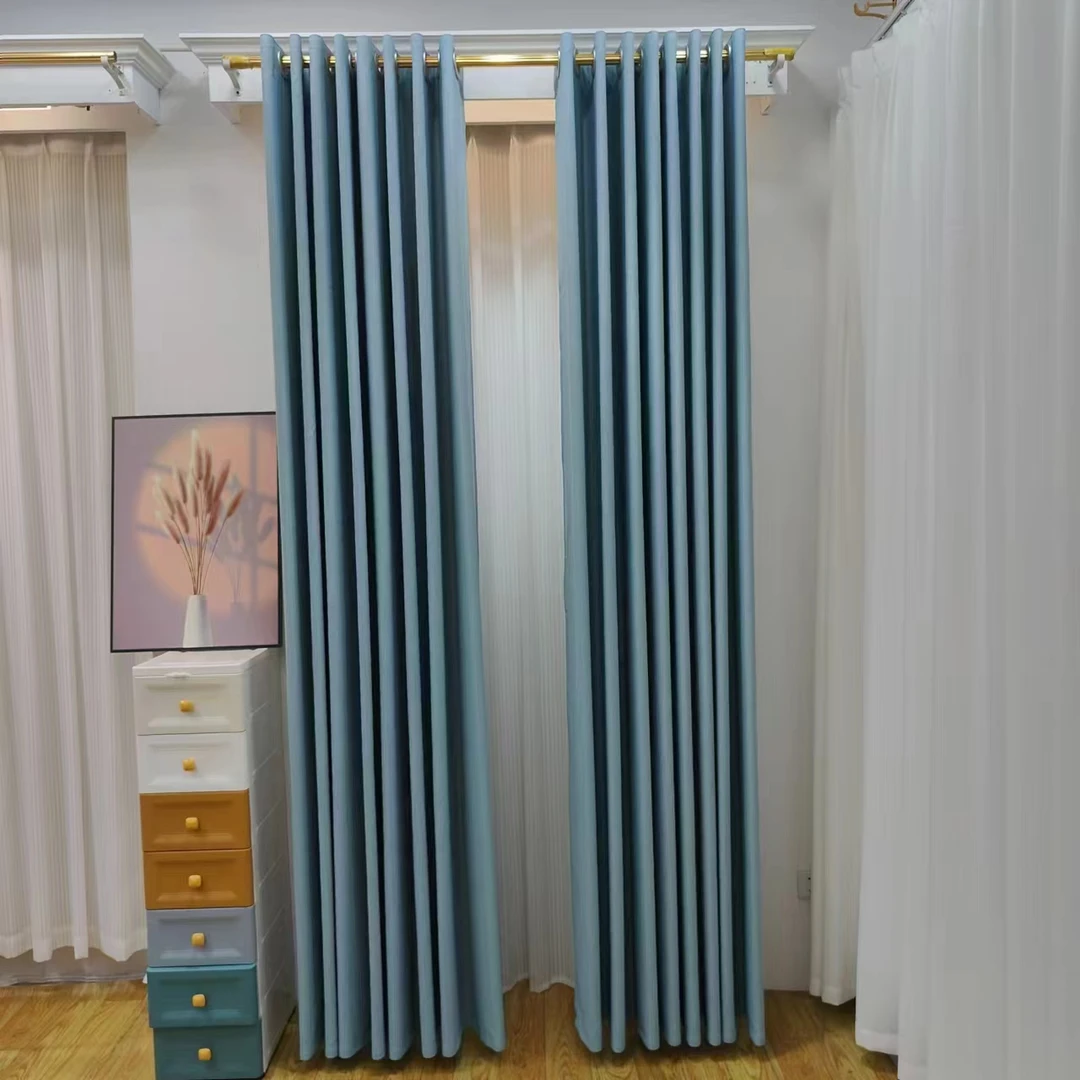 T005轻奢雪尼尔丝线雾霾蓝色高遮光客厅卧室窗帘成品（一套两片）