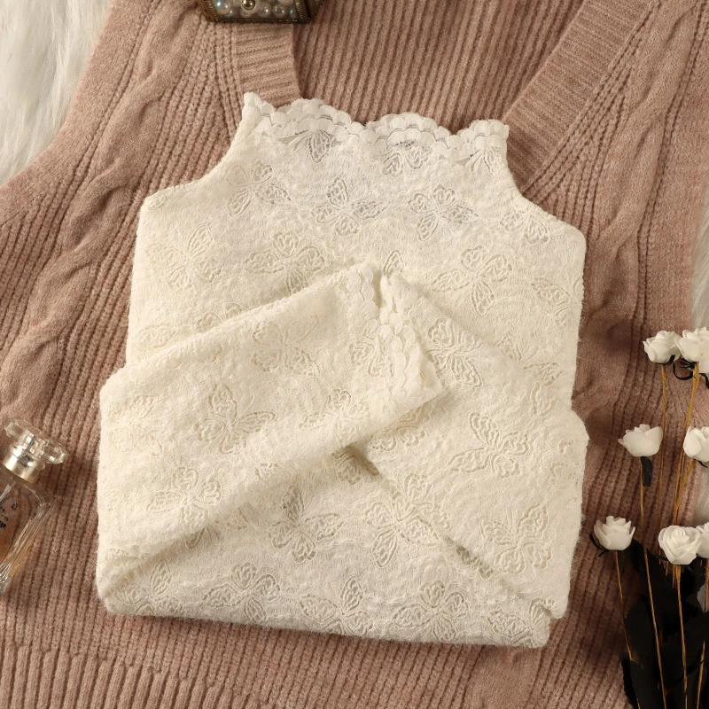 秋冬半高领磨毛蕾丝打底衫女内搭长袖2024新款保暖洋气小衫上衣