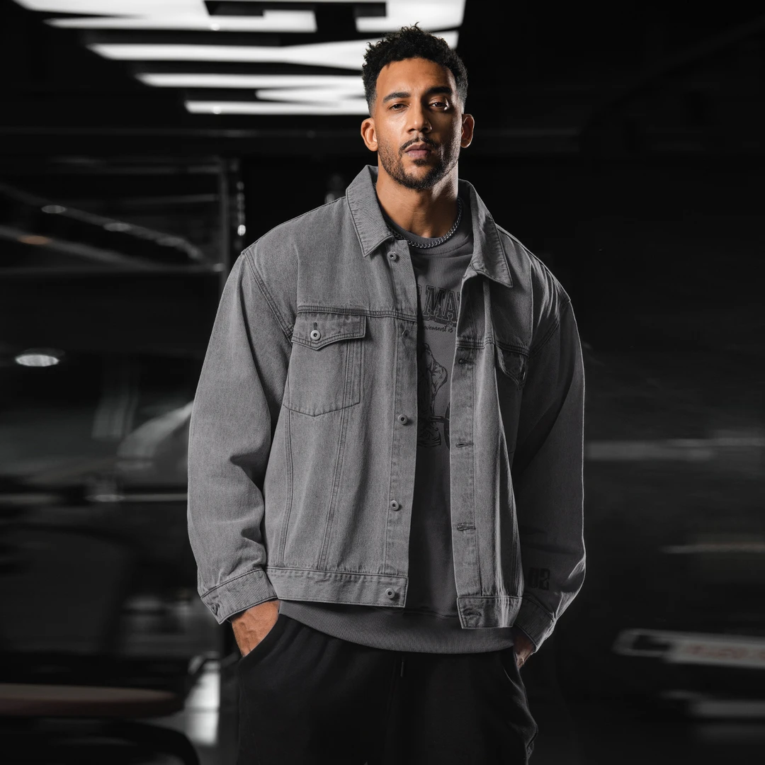 BD春季美式翻领牛仔外套男复古印花运动夹克外套男宽松