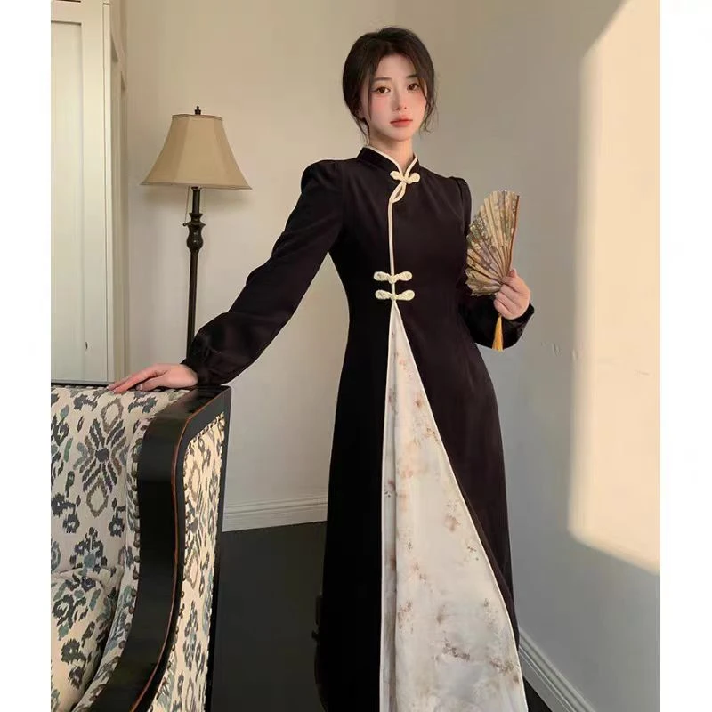 大码改良旗袍新中式立领连衣裙女春款胖mm显瘦国风复古长裙子1433