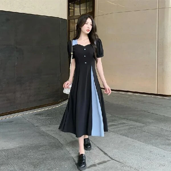 大码胖mm拼色赫本风法式方领连衣裙女夏季收腰显瘦A字长裙子1298