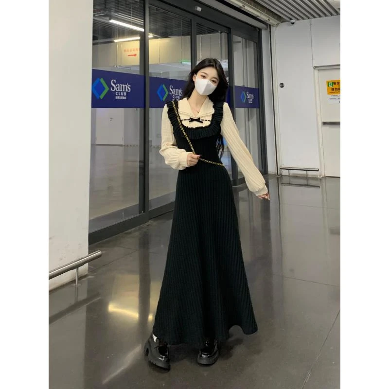 （马圆圆专属）法式拼接假两件复古连衣裙秋季胖mm垂感显瘦黑裙1418