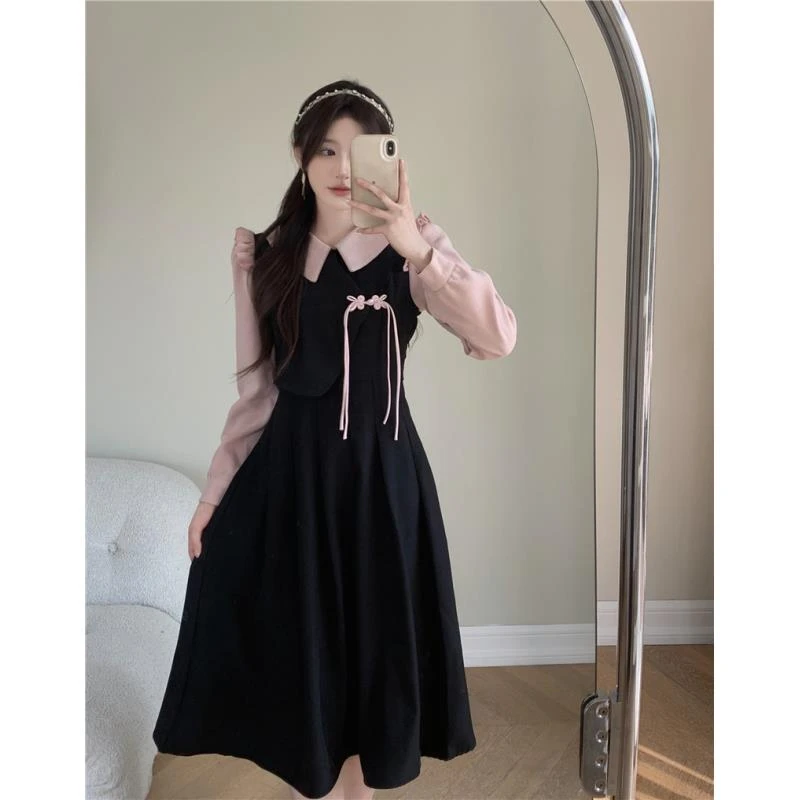 （甜兮专属）法式甜美娃娃领连衣裙女秋胖mm假两件显瘦打底长裙1383