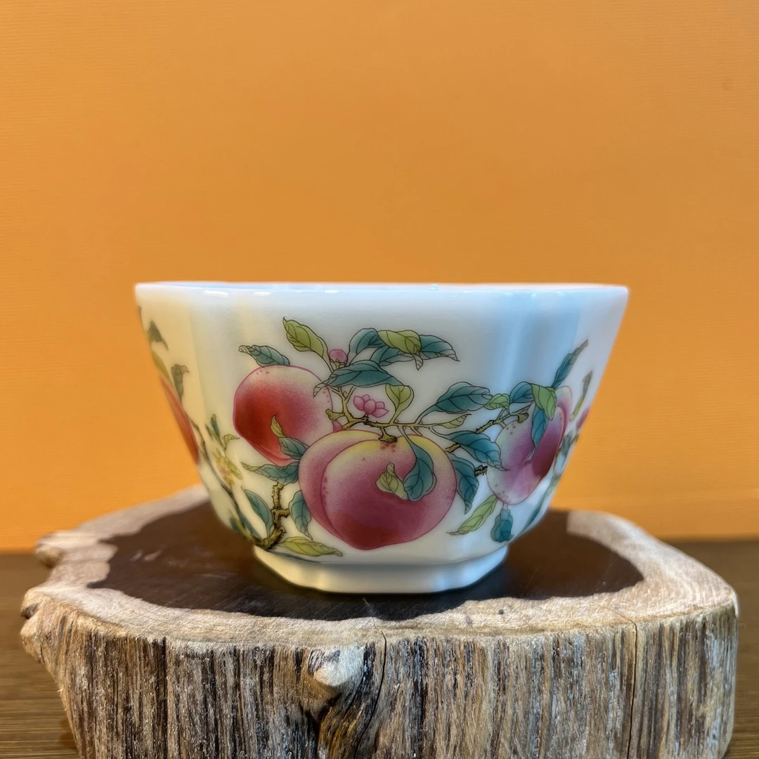 景德镇釉上粉彩手工九桃五福六方杯