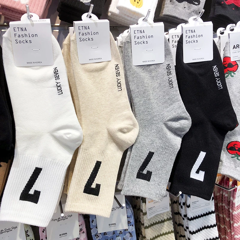 韩国袜子ENTA秋冬新款ins风数字7女生中筒运动棉袜纯色束腰学生袜
