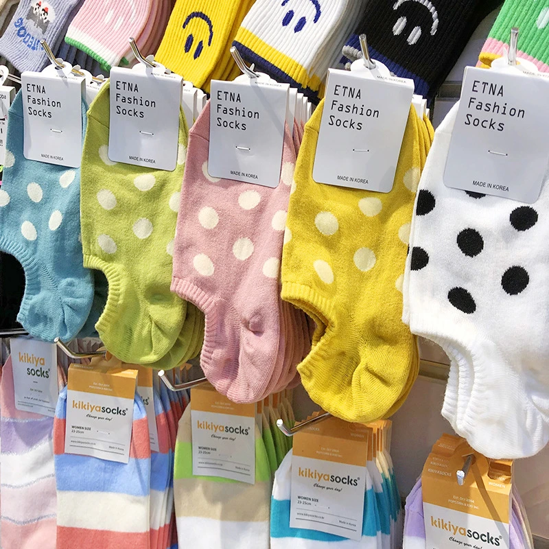 ETNA时尚小波点袜子女士船袜韩国春夏新款薄棉圆点防滑袜浅口隐形