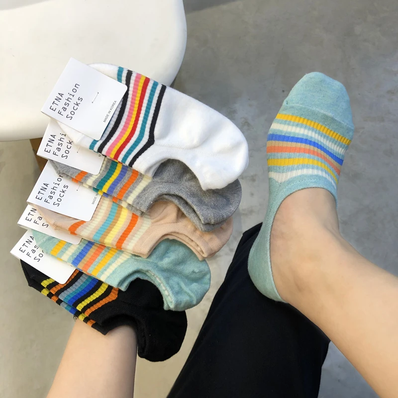 韩国东大门袜子春夏季女船袜彩虹条纹硅胶防滑袜薄棉浅口隐形袜套