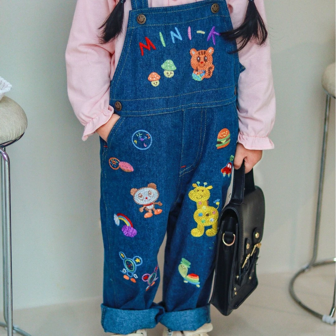 miki mini-k刺绣牛仔背带裤 春秋偏厚 重工刺绣