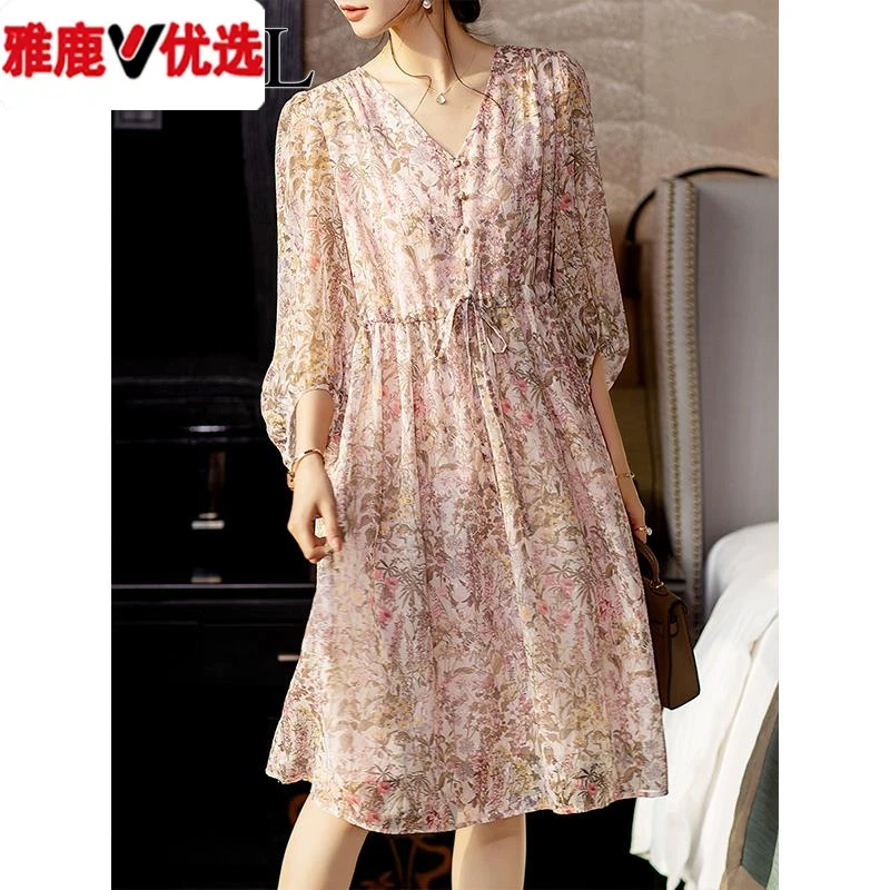 金狐狸早秋新款雪纺碎花七分袖连衣裙女超好看仙气大码宽松遮肉