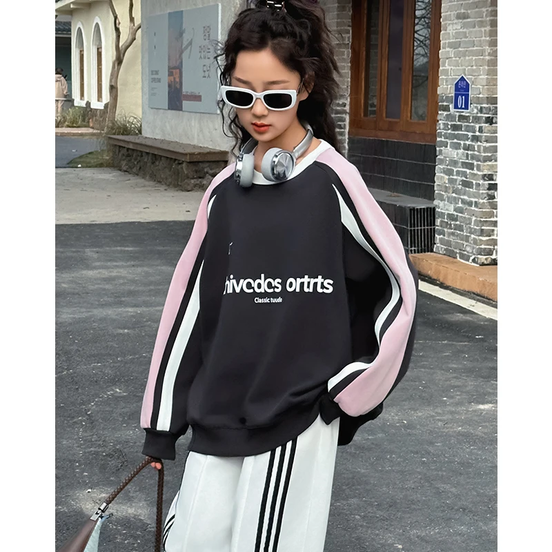 青少年女童卫衣2024新款宽松拼色时尚大童学生春装儿童上衣24A010