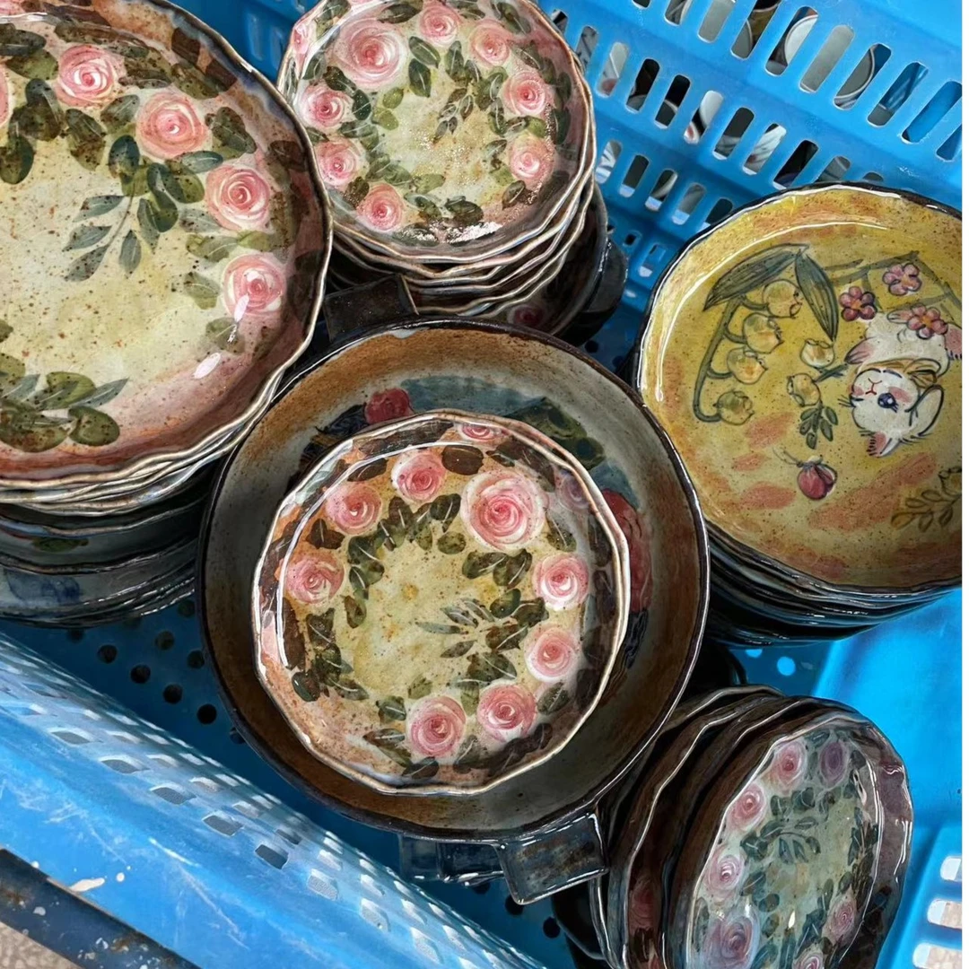 景德镇手工陶瓷复古手杯垫碟子绘青花粉彩粗陶创意家用高温陶瓷
