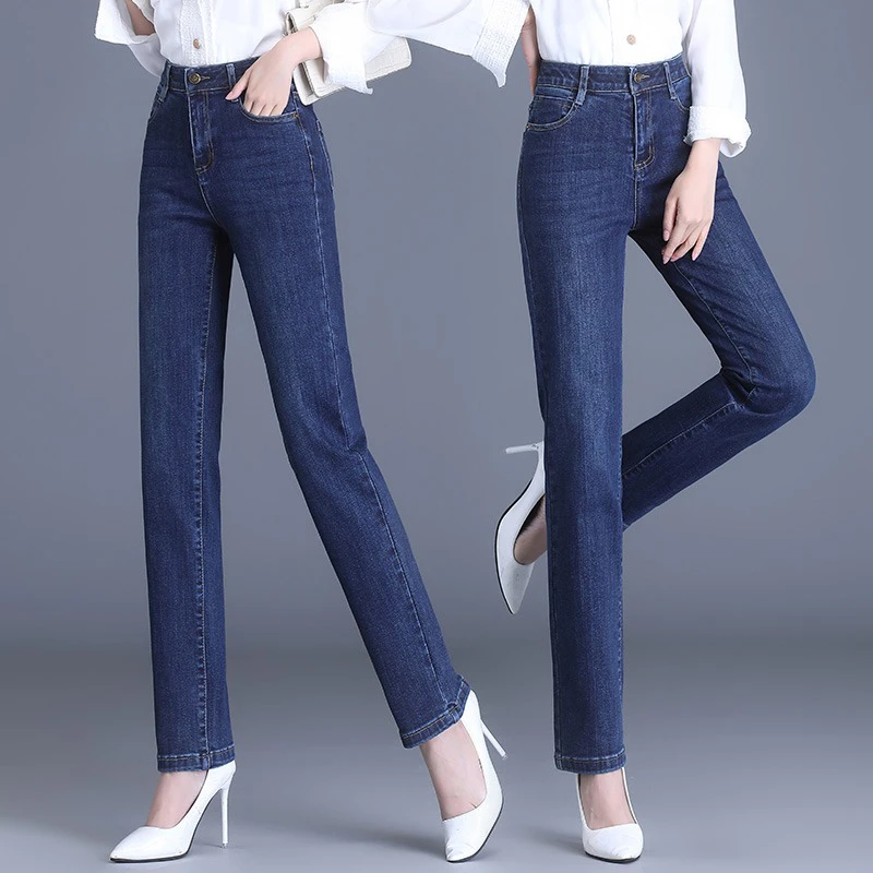 2025秋冬加绒加厚蓝色休闲牛仔长裤高腰直筒显高显瘦弹力大码裤子