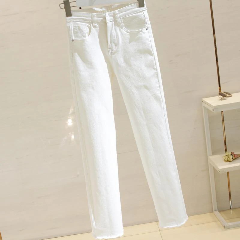 外穿毛边直筒裤女2025秋季休闲宽松显瘦高腰弹力九分烟管牛仔裤子