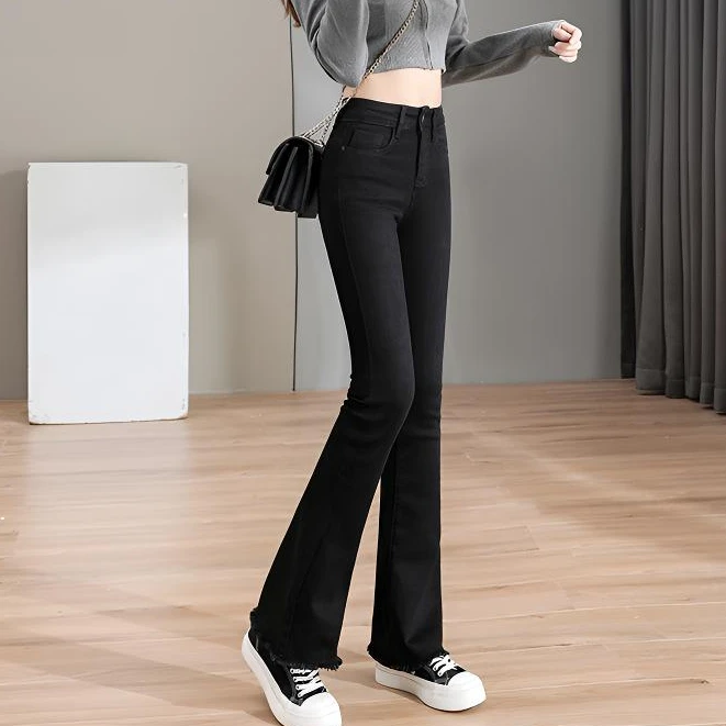 黑色微喇叭牛仔裤高腰2025年秋冬季加绒加厚弹力显瘦马蹄裤毛边裤