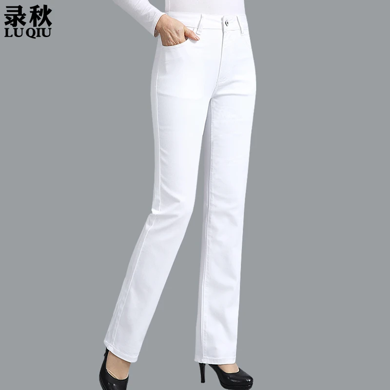 夏季薄款白色牛仔裤女宽松高腰弹力软牛仔大码中老年妈妈直筒裤子