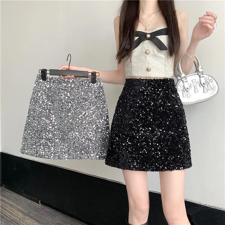 春夏季半裙高腰亮片半身裙小众洋气女黑色短裙a字辣妹包臀裙子