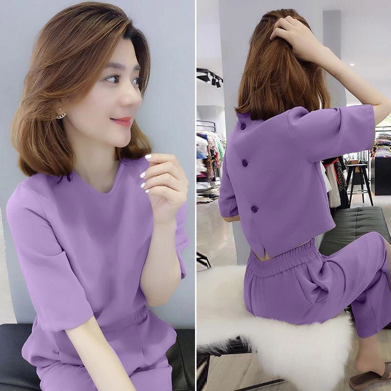 2025年春夏新款短袖时尚休闲宽松气质上衣九分阔腿裤套装女潮显瘦