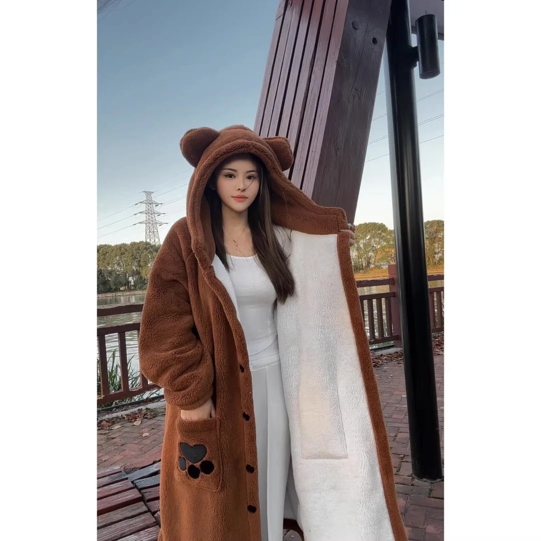 【美拉德系】秋冬季中长款长袍情侣款双层复合加绒加厚保暖连帽睡袍