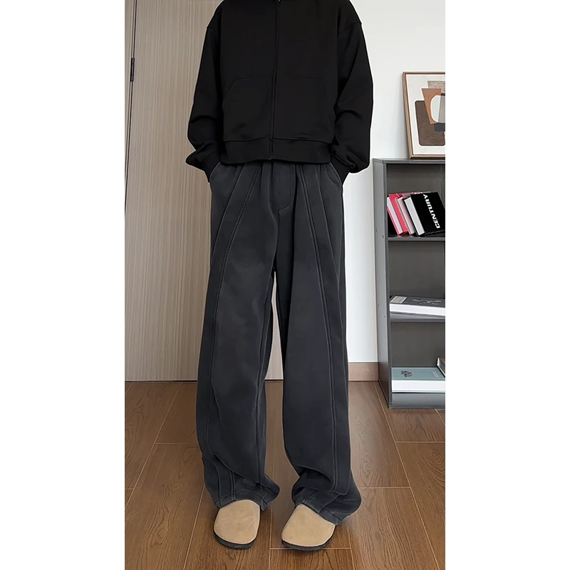 美式水洗做旧卫裤男2025春季潮牌拼接阔腿裤高街宽松百搭休闲裤子