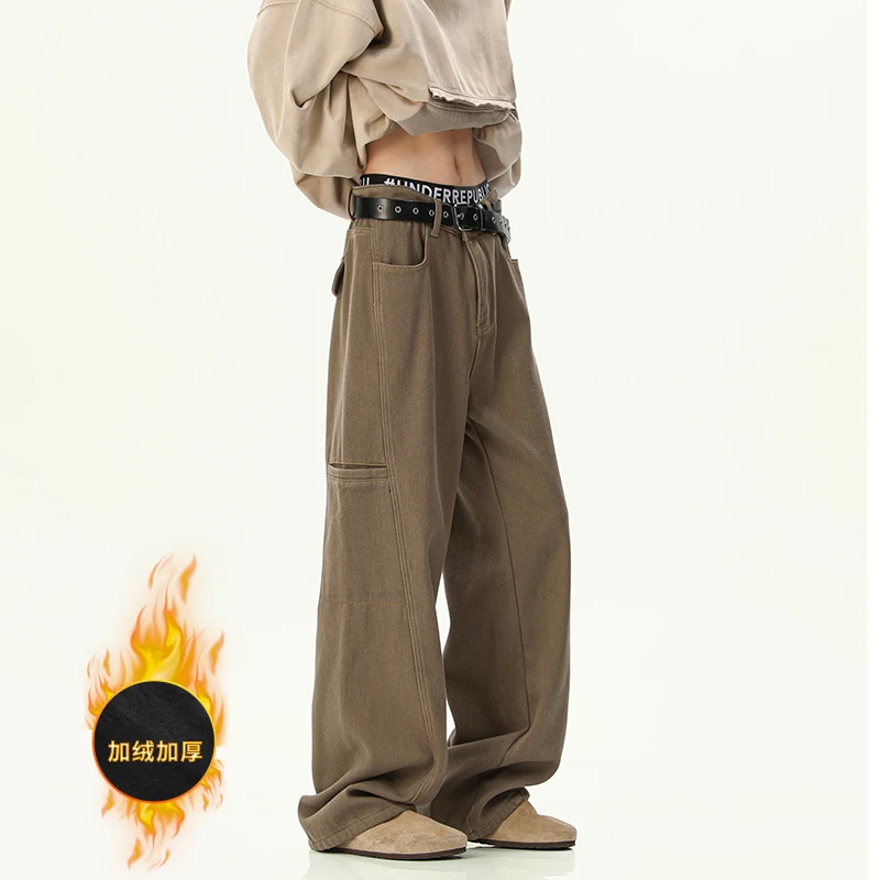 咖色加绒加厚水洗牛仔裤男2024秋冬季新款美式高街宽松直筒阔腿裤