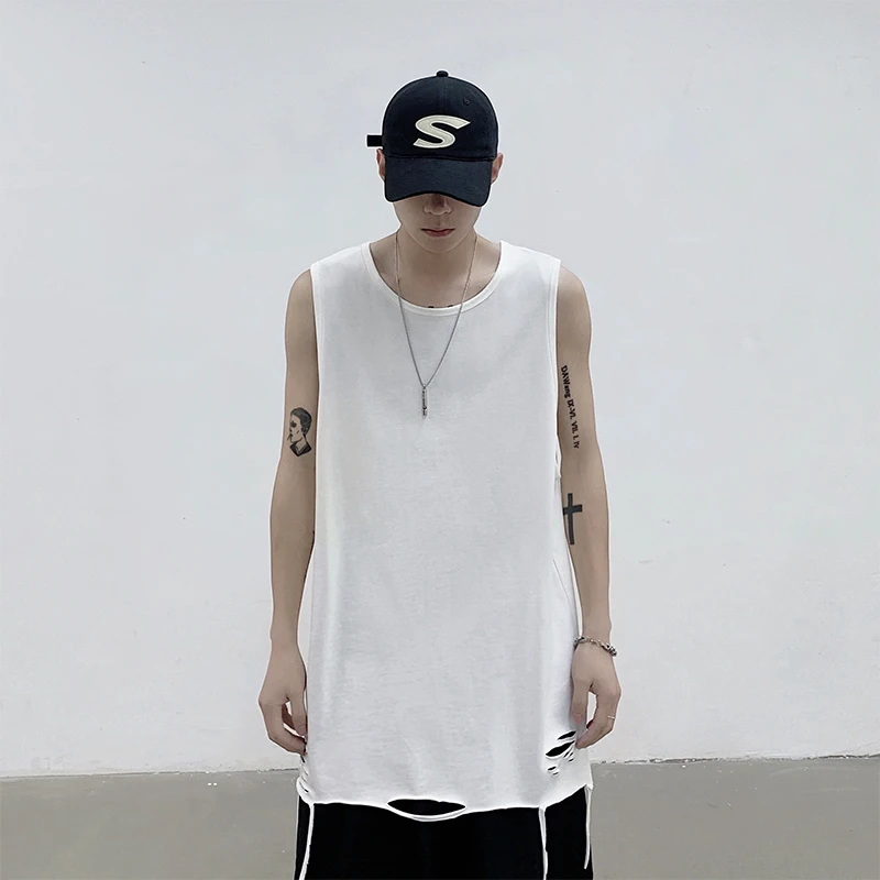 破洞无袖背心男款夏季美式高街纯色运动马甲宽松休闲舒适痞帅上衣