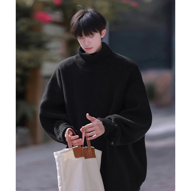 日系复古高领毛衣男秋冬潮牌宽松打底针织衫慵懒风加绒厚套头线衣