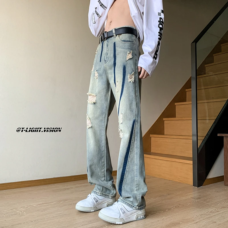 美式破洞微喇牛仔裤男款设计感嘻哈痞帅高级感vibe潮牌宽松直筒裤