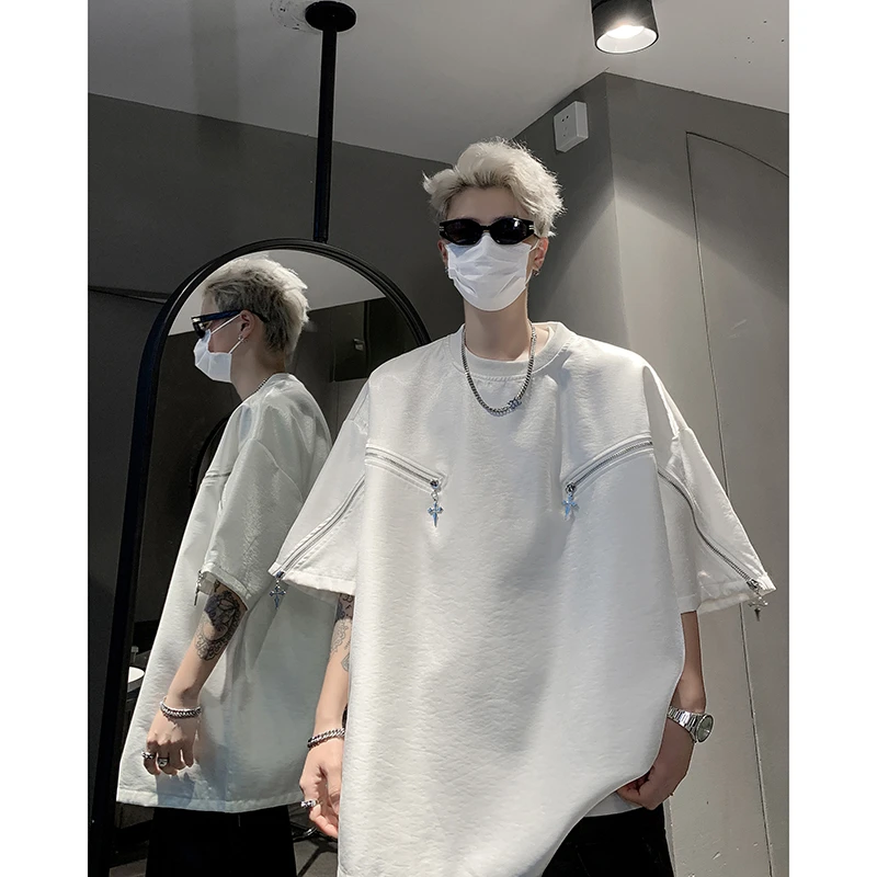 拉链解构短袖t恤男夏季设计感大码半袖高级感小众美式重磅五分袖