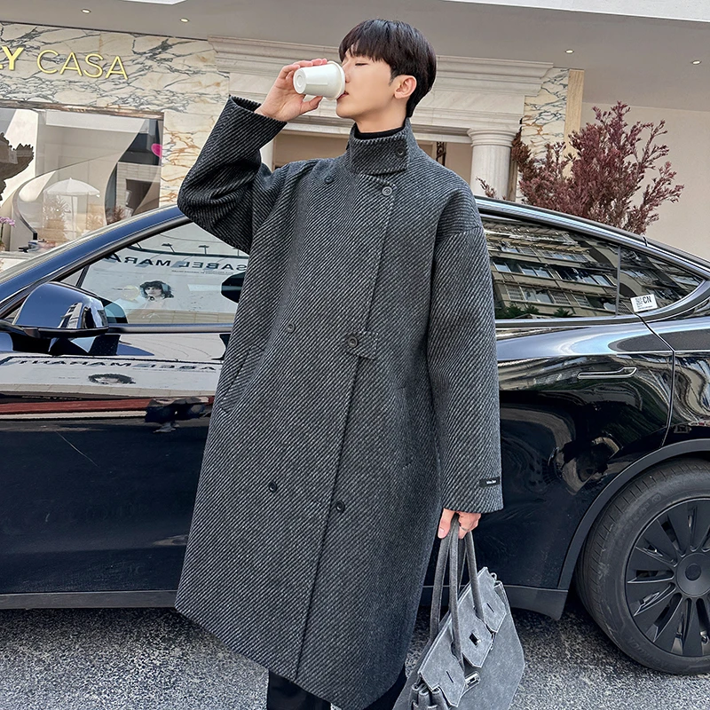 高领毛呢大衣男款冬季中长款过膝高级感韩系宽松百搭潮牌风衣外套