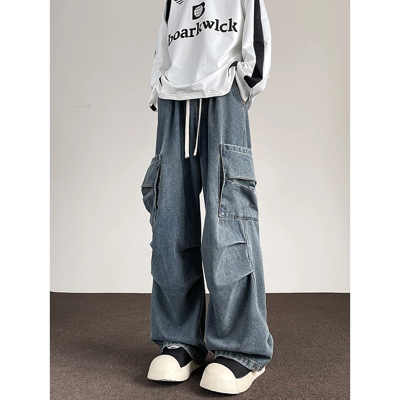 美式复古褶皱伞兵牛仔裤男春秋季宽松直筒阔腿工装裤高街抽绳裤子