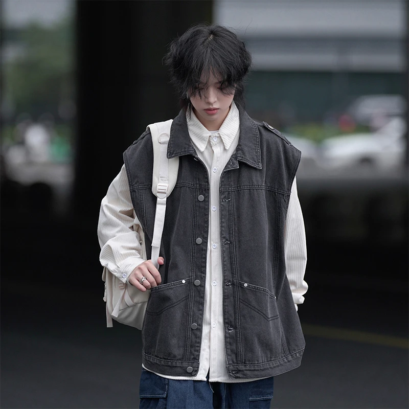 字母刺绣牛仔马甲男外套春秋新款潮牌宽松无袖上衣青少年男装马夹