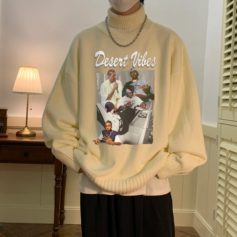 高领毛衣男款秋冬季加绒加厚内搭美式高街hiphop大码慵懒风针织衫