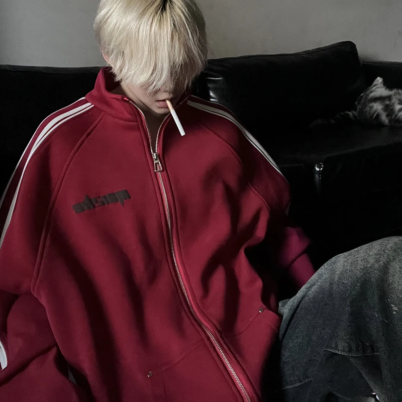 美式复古酒红色外套男潮高级感开衫卫衣oversize运动服情侣装夹克
