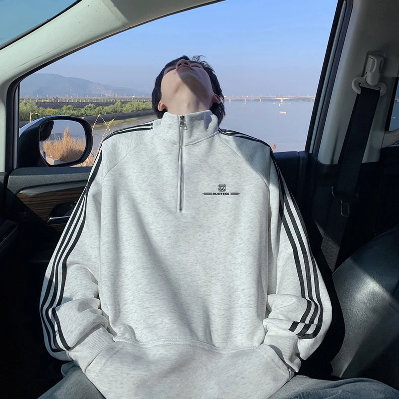 三条杠立领卫衣男2024秋冬季新款重磅宽松百搭加绒加厚半拉链外套