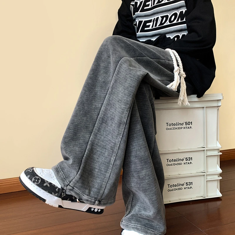 水洗复古休闲裤子男秋季美式高街垂感阔腿运动裤痞帅宽松直筒长裤