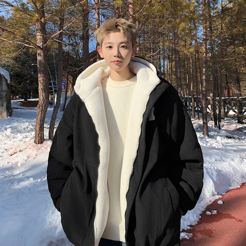 羊羔绒连帽棉服外套男冬季潮牌百搭加绒加厚保暖宽松休闲棉衣袄子