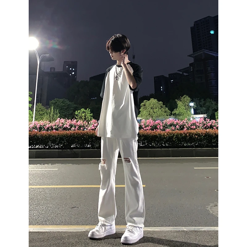 白色破洞牛仔裤男夏季薄款美式高街vibe风裤子潮牌修身微喇直筒裤