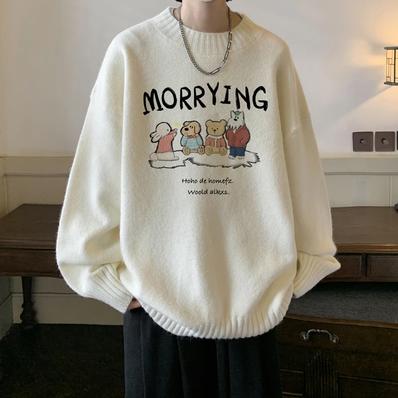 卡通印花半高领毛衣男款秋冬季慵懒风加厚针织衫休闲潮流情侣外套