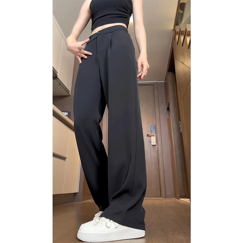 纯黑色冰丝西裤男夏季薄款垂坠感阔腿裤子美式宽松直筒休闲微喇裤