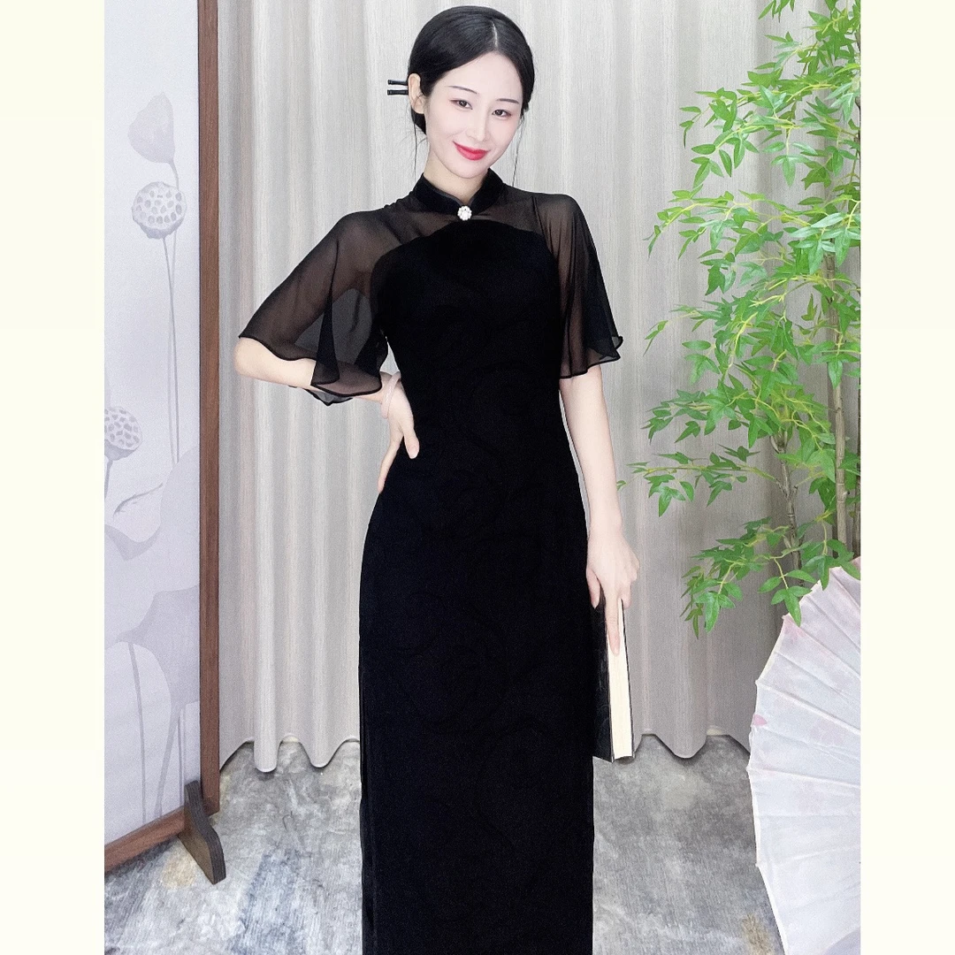 【心懂旗袍—荷叶袖】长款纯色黑色简约轻薄仙气复古显瘦优雅旗袍