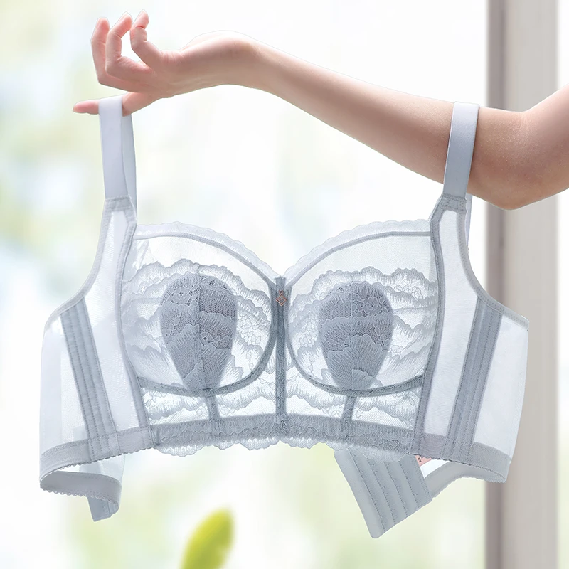 内衣女超薄兔耳朵水晶杯大胸显小收副乳上托防凸点无钢圈透气文胸