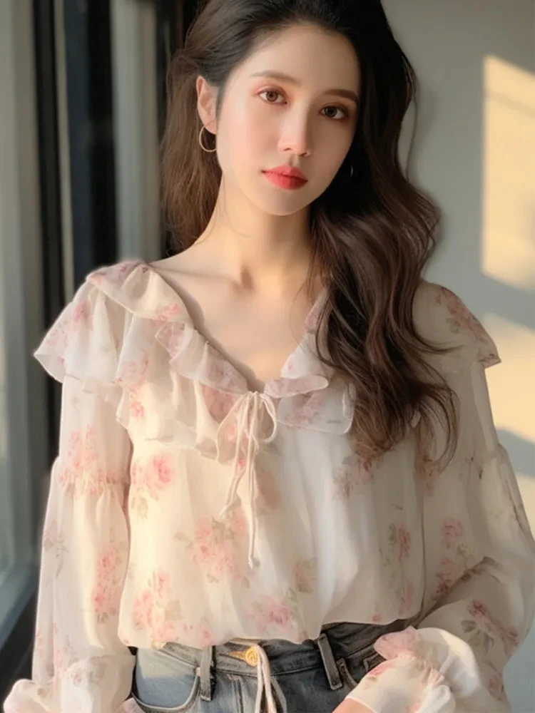 7718#法式碎花雪纺荷叶边衬衫女洋气减龄上衣温柔风别致绝美小衫