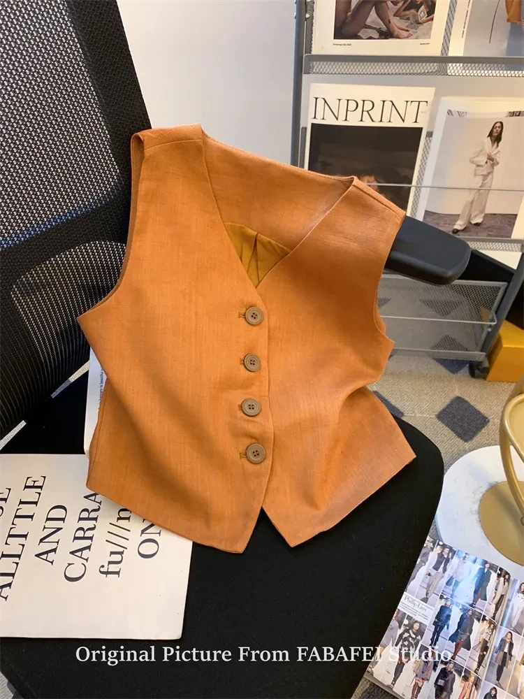 7737#老钱风穿搭气质西装马甲女春秋复古百搭砖红色外套无袖上衣