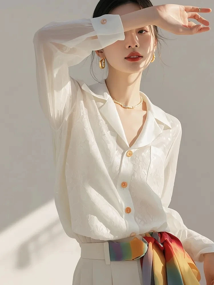 2551#独特漂亮小衫女春秋法式绝美洋气上衣时尚气质白色长袖衬衫